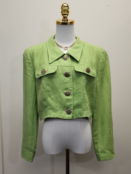 Scaasi Jackets & Blazers - Scaasi Lime Green Linen Cropped Jacket Textured Button Blazer Size 12